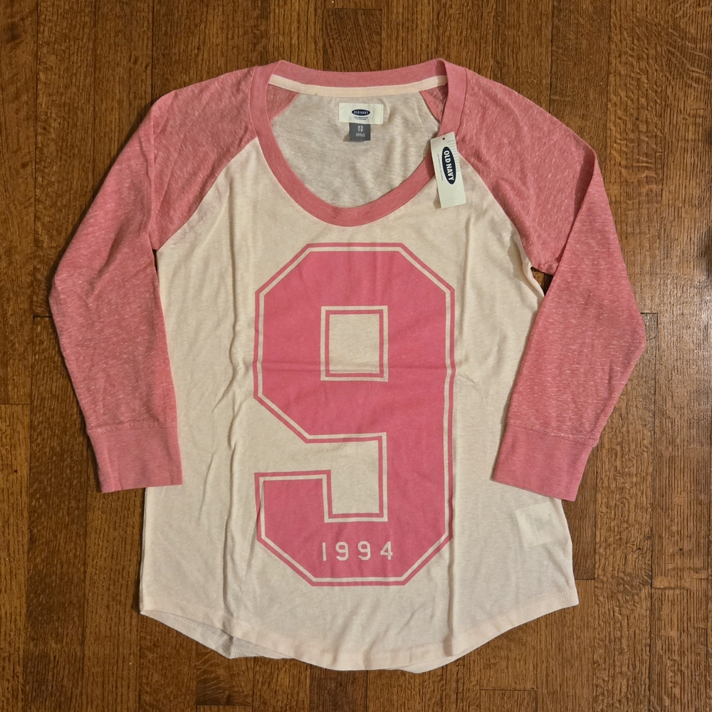 Old Navy Pink+White Baseball Tee 3/4 Raglan Sleeve Women Girls XS Loose Jersey